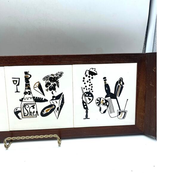 1950s Wood Framed 3 Tile Sansco Japan Serving‎ ,wall decor, Barware Mid Century - Picture 4 of 11